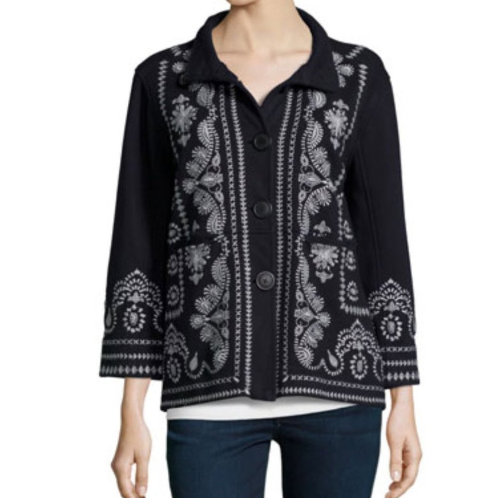 Johnny Was Everly Embroidered Pouch-Pocket Pea Coat